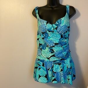 Ceeb Blue Aqua Black Tropical Leaf Skirt One Piece Swimsuit size 16